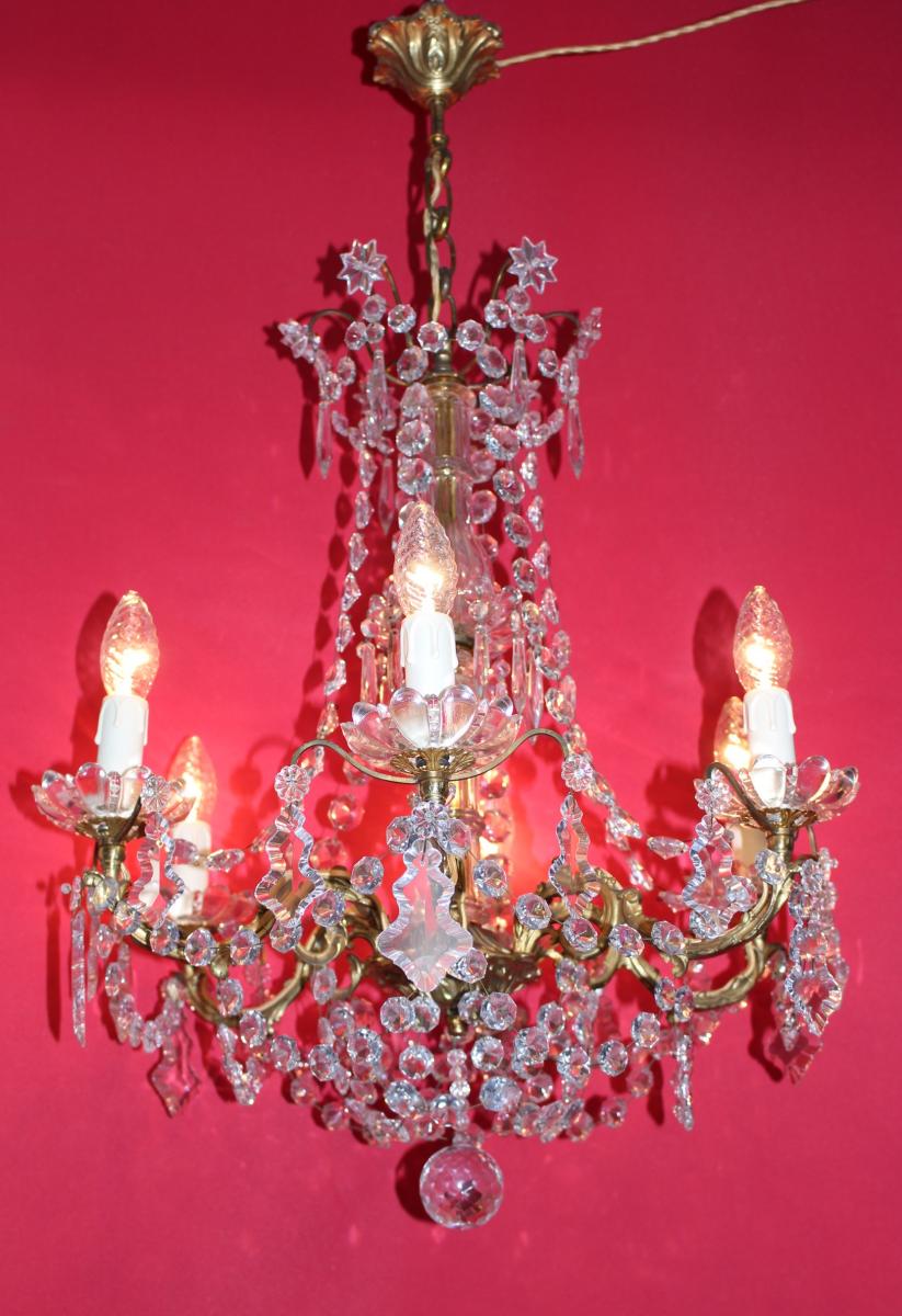 Lustre Cage Bronze Doré 6 Feux Et Pampilles Style Louis XVI