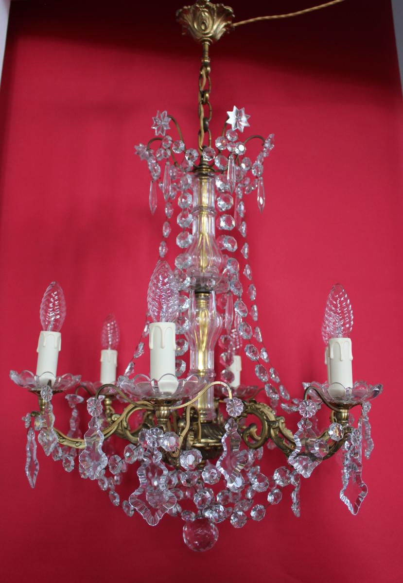 Lustre Cage Bronze Doré 6 Feux Et Pampilles Style Louis XVI-photo-3