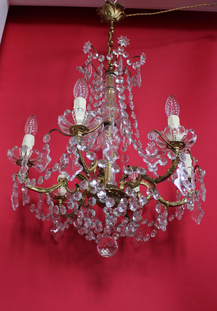 Gilt Bronze Cage Chandelier 6 Lights And Pampilles Louis XVI Style-photo-7