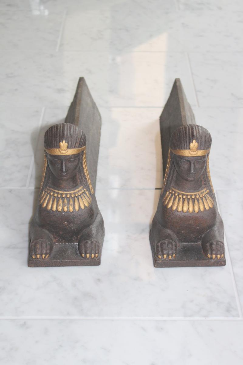 Pair Of Chenets Sphinx Cast Iron Return Of Egypt Empire-photo-2