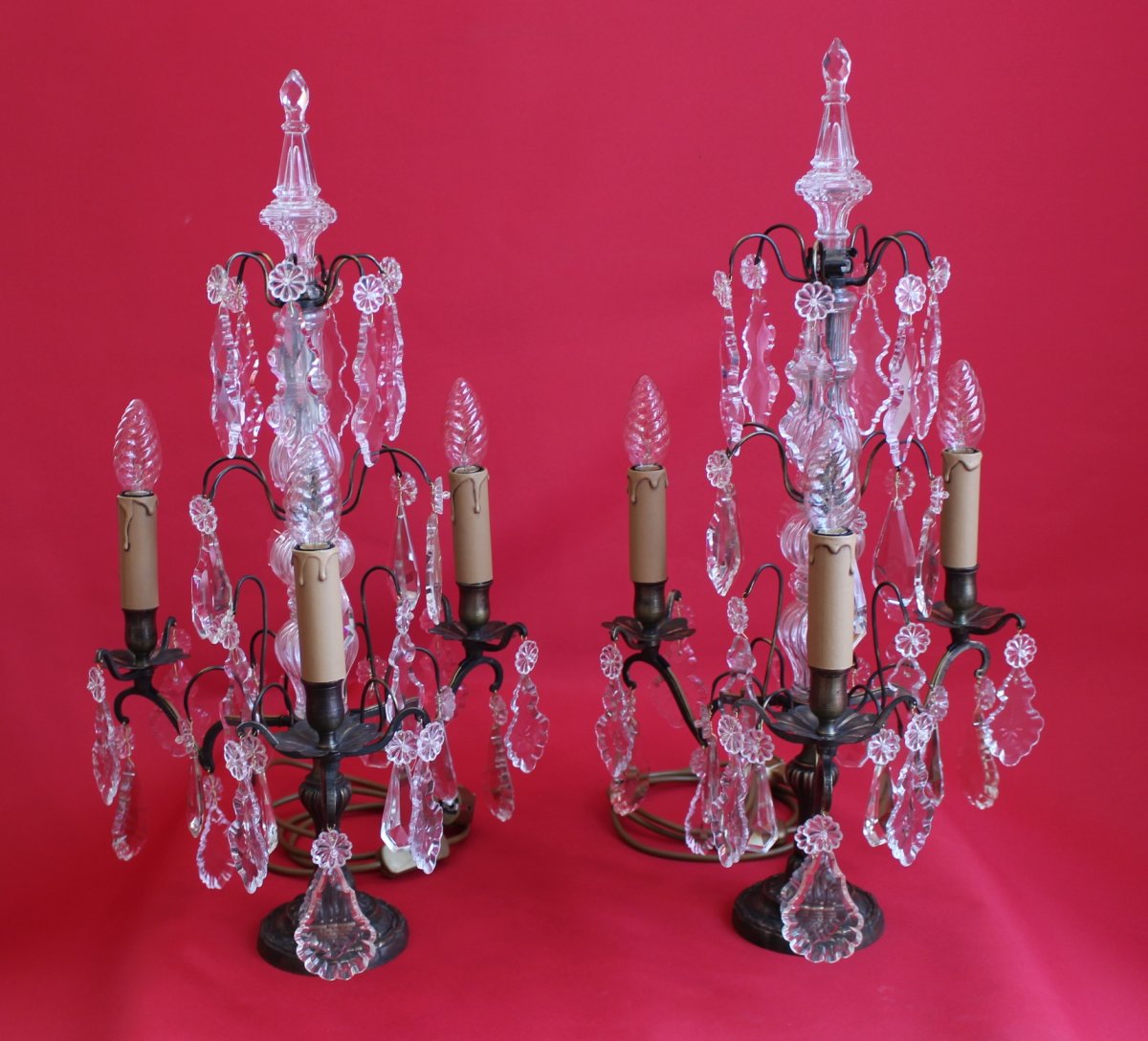 Large Pair Of Girandoles With Three Arms Pendants Electrification Refurbished-photo-2