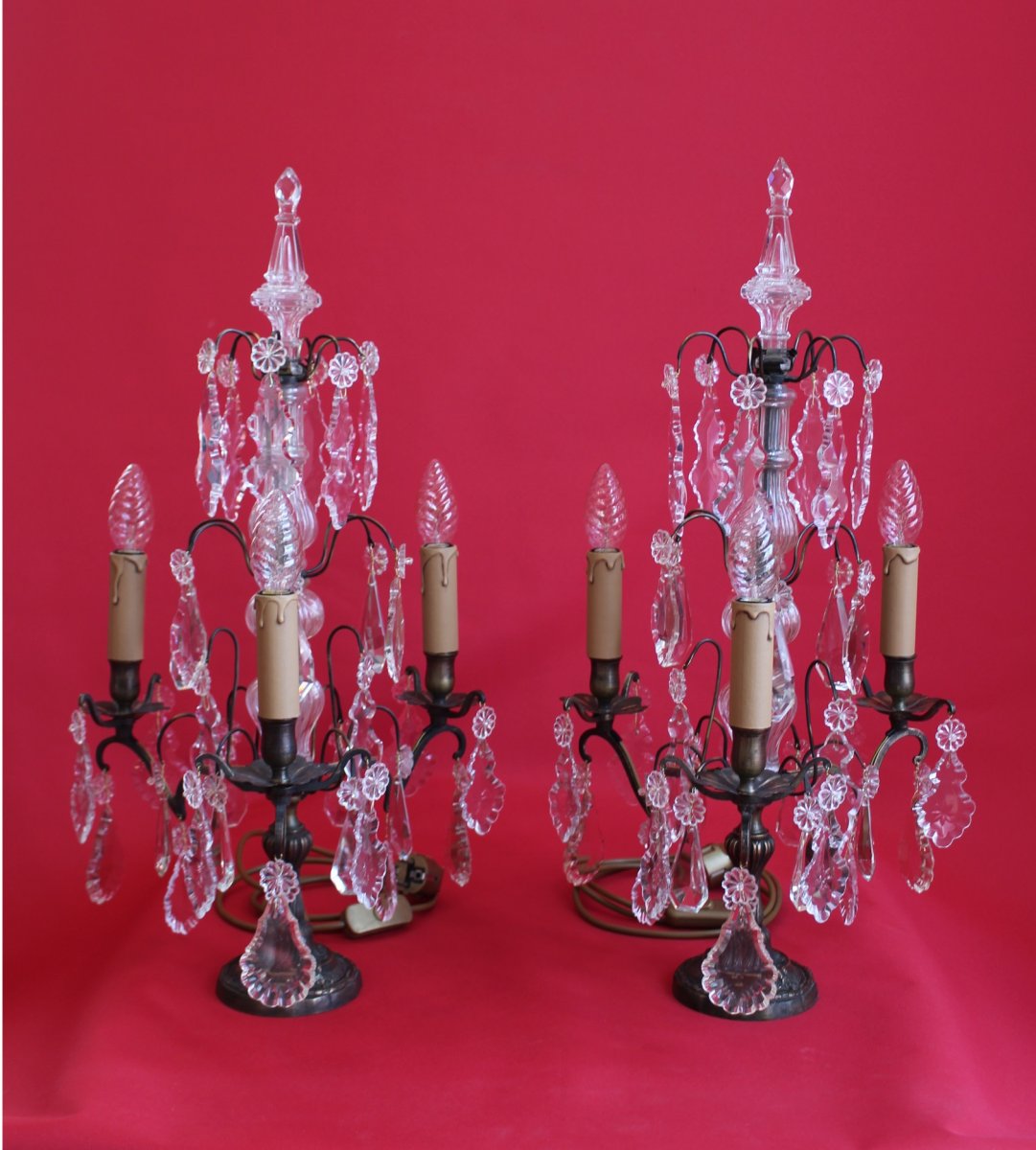 Large Pair Of Girandoles With Three Arms Pendants Electrification Refurbished-photo-4