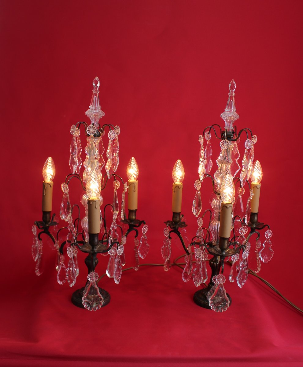 Large Pair Of Girandoles With Three Arms Pendants Electrification Refurbished