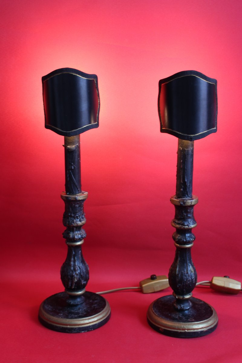 Pair Of Black Candlesticks In Wood And Wax-photo-2