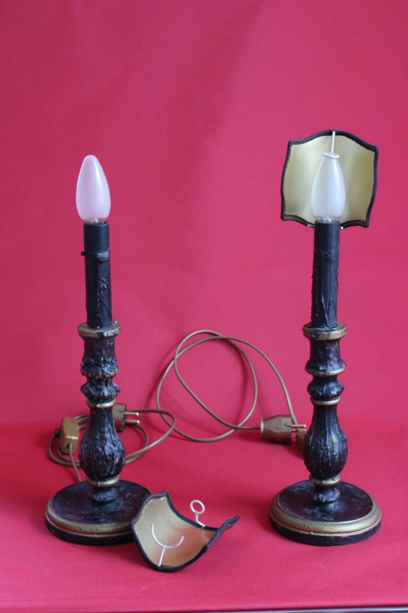 Pair Of Black Candlesticks In Wood And Wax-photo-4