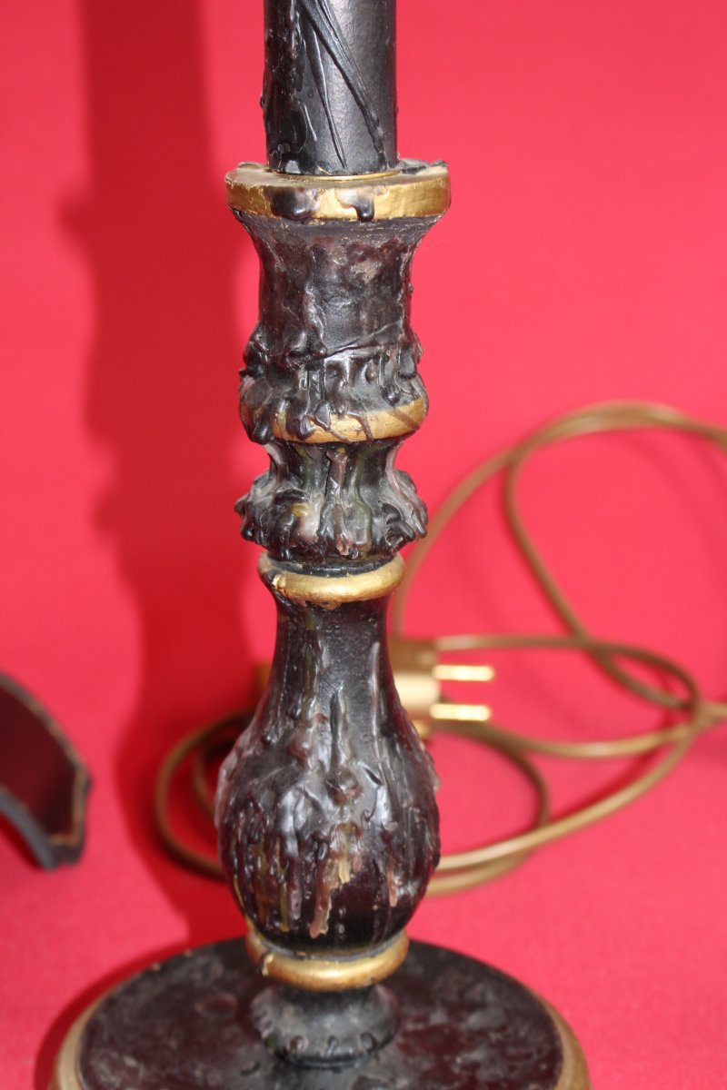 Pair Of Black Candlesticks In Wood And Wax-photo-4