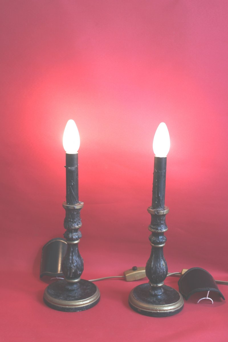 Pair Of Black Candlesticks In Wood And Wax-photo-7