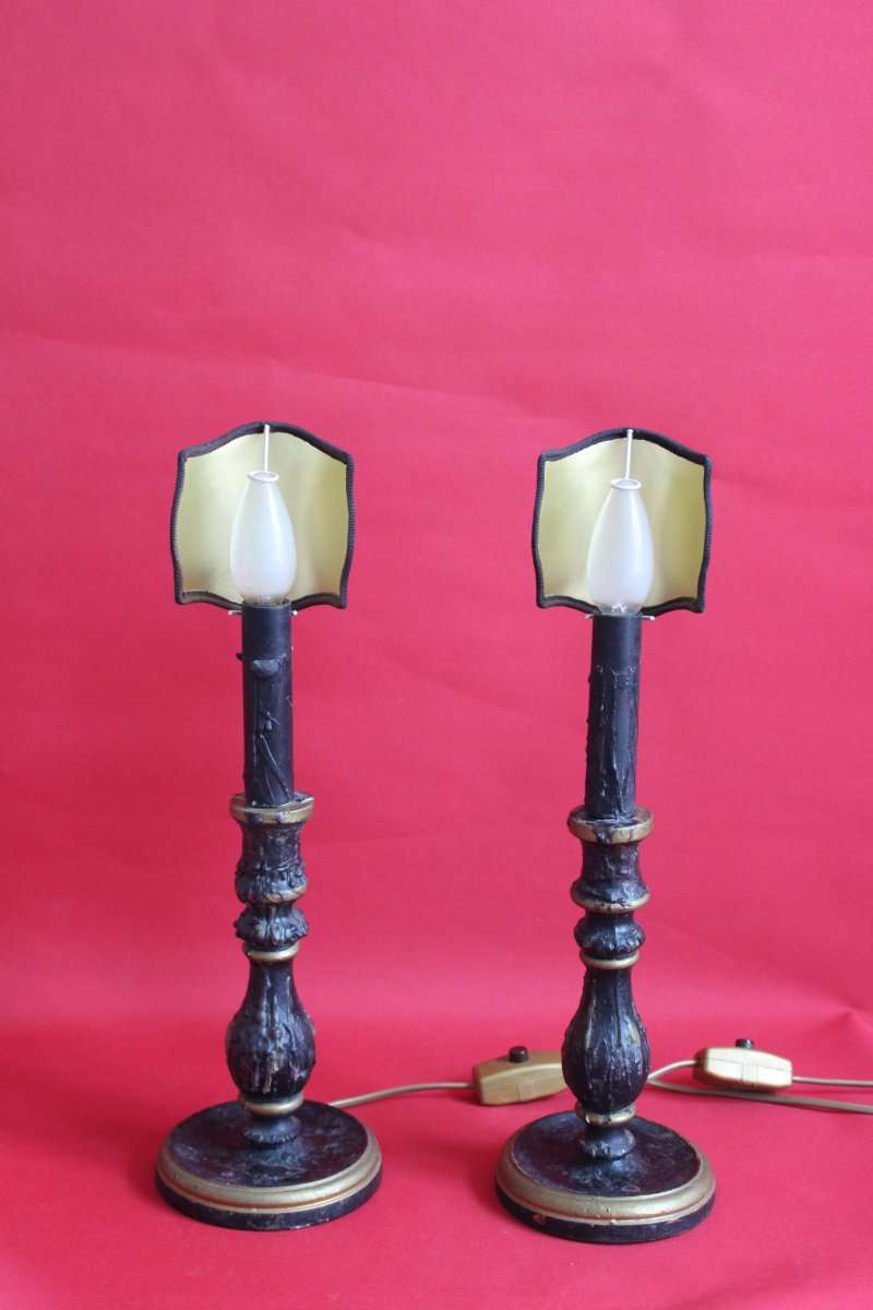 Pair Of Black Candlesticks In Wood And Wax-photo-8