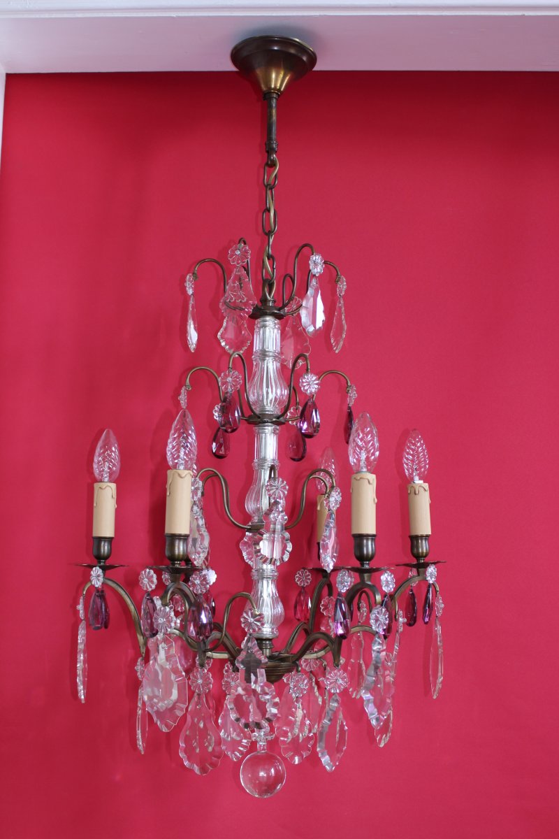 Large Bronze Cage Chandelier 6 Lights And Pampilles Louis XV Style-photo-2
