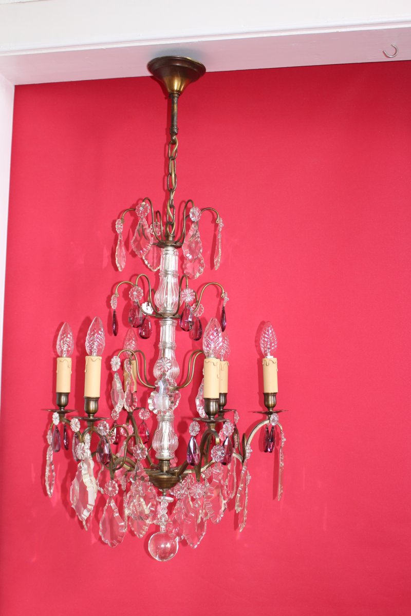 Large Bronze Cage Chandelier 6 Lights And Pampilles Louis XV Style-photo-3