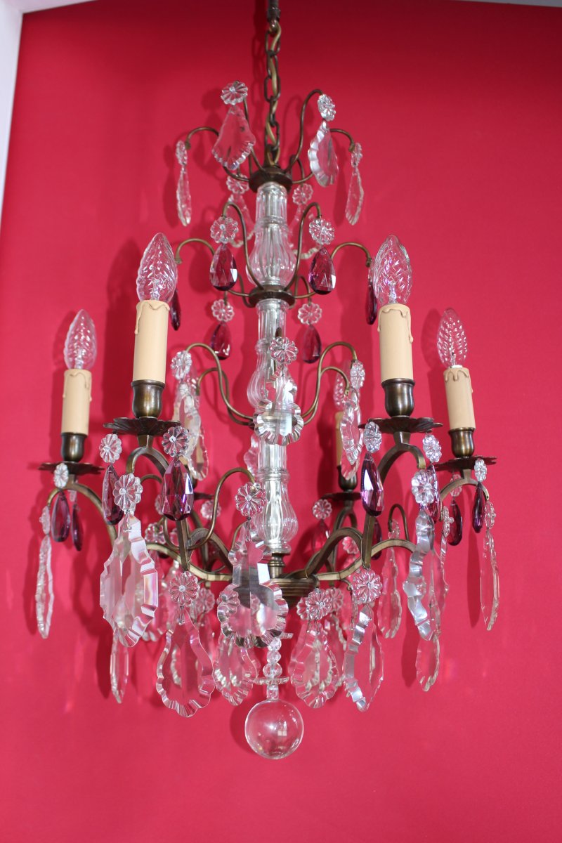 Large Bronze Cage Chandelier 6 Lights And Pampilles Louis XV Style-photo-3