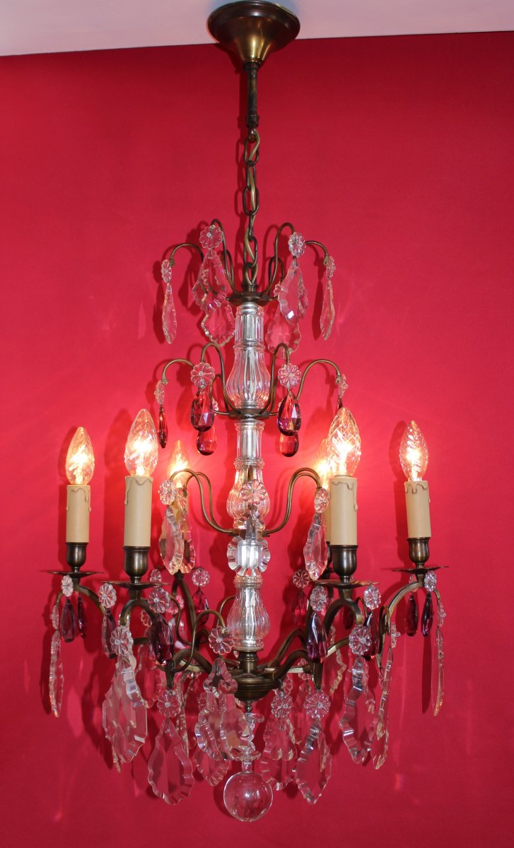 Large Bronze Cage Chandelier 6 Lights And Pampilles Louis XV Style