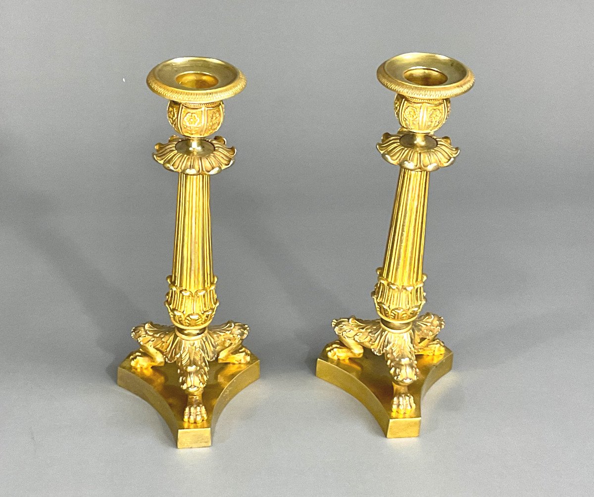 Pair Of Candlesticks In Gilt Bronze Empire 19th-photo-1