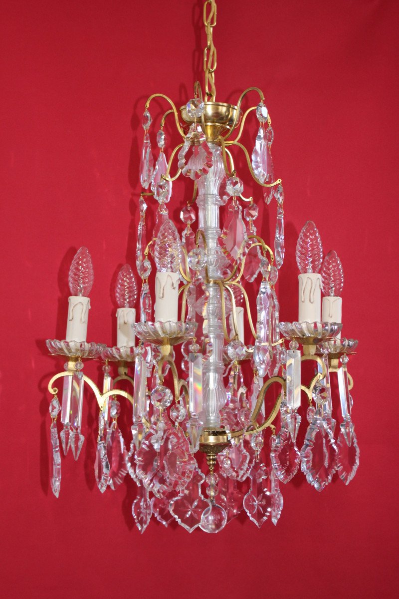 Gilt Bronze Cage Chandelier 6 Lights And Pampilles Louis XVI Style-photo-2