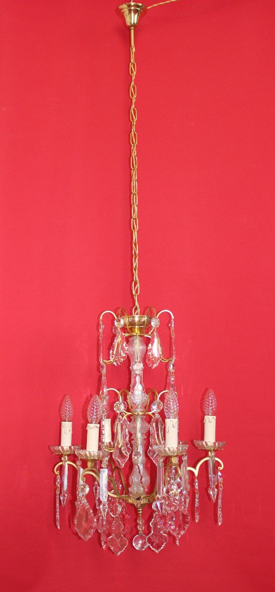 Gilt Bronze Cage Chandelier 6 Lights And Pampilles Louis XVI Style-photo-3