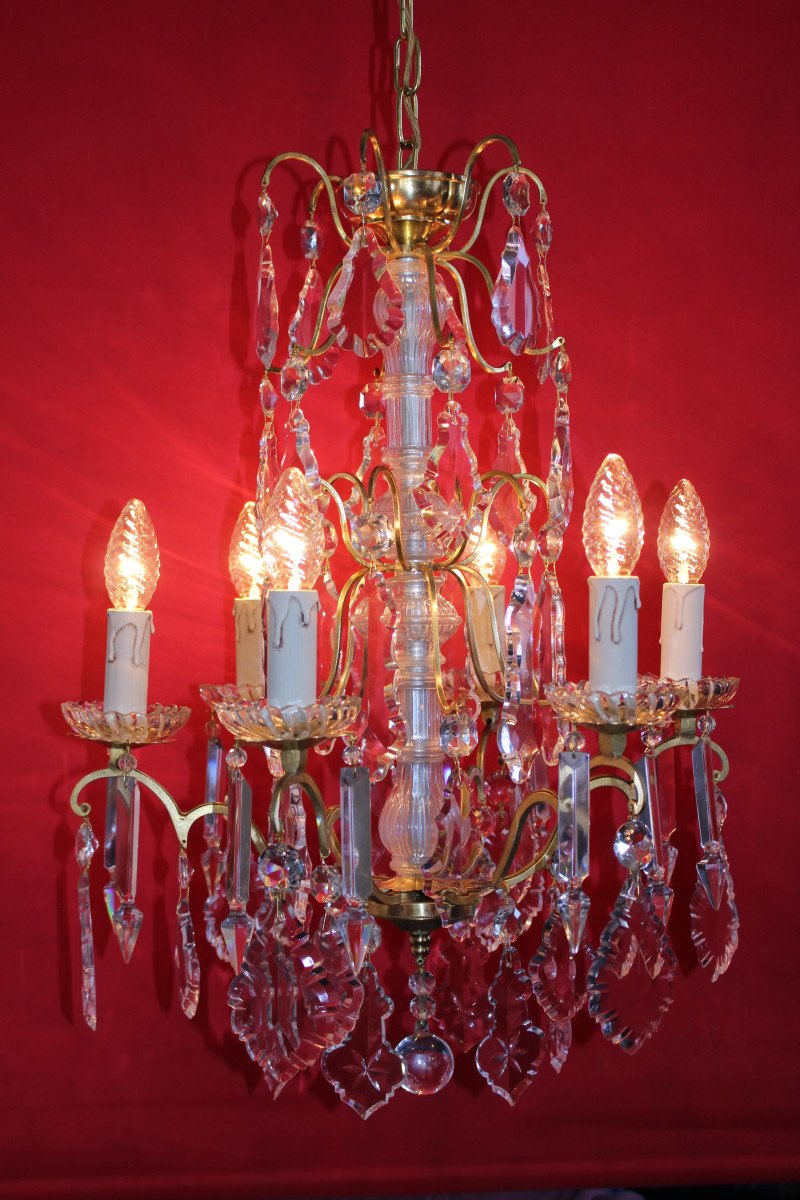 Gilt Bronze Cage Chandelier 6 Lights And Pampilles Louis XVI Style-photo-4