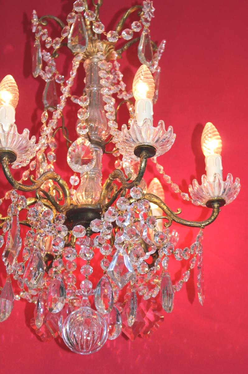 Chandelier Signed Baccarat 6 Lights End Nineteenth Gilt Bronze And Crystal-photo-6