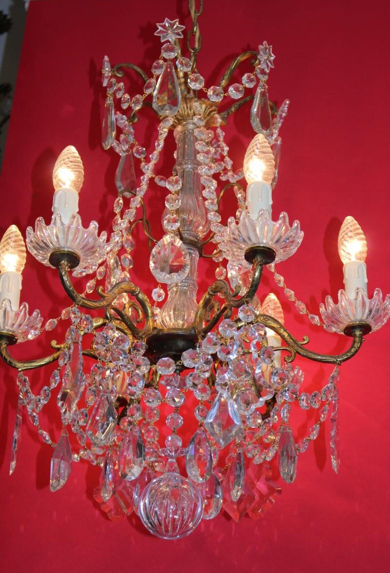 Chandelier Signed Baccarat 6 Lights End Nineteenth Gilt Bronze And Crystal-photo-7