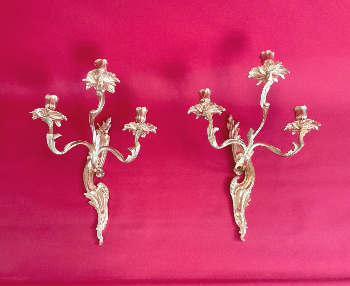 Pair Of 3 Branches Wall Lights In Gilt Bronze Louis XV Style 19th-photo-3