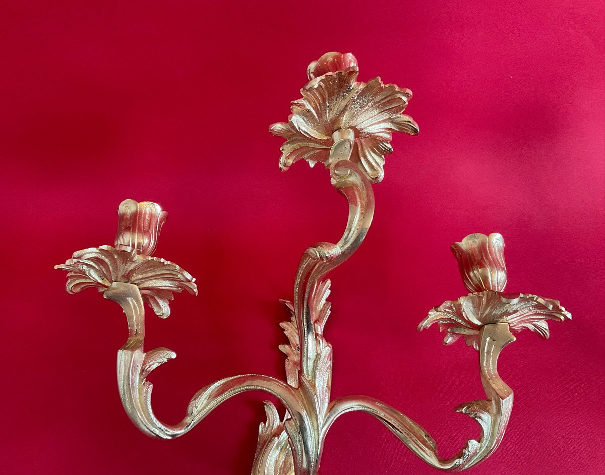 Pair Of 3 Branches Wall Lights In Gilt Bronze Louis XV Style 19th-photo-4