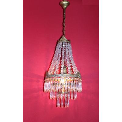 Lustre à Pampilles De Perles Bronze Avec Girlandes Style Nap III