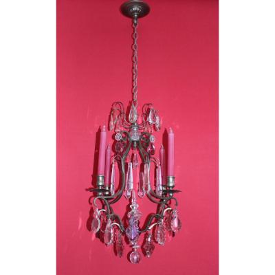 Chandelier Cage Bronze 4 Lights And Pendants Old 19th