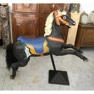 Grand Cheval De Manège En Bois Sculpté Et Peint Polychrome 19ème