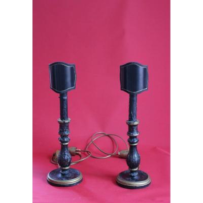 Pair Of Black Candlesticks In Wood And Wax