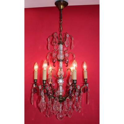 Grand Lustre Cage Bronze 6 Feux Et Pampilles Style Louis XV