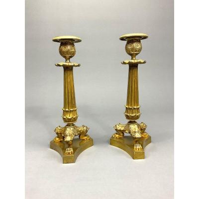 Pair Of Candlesticks In Gilt Bronze Empire 19th