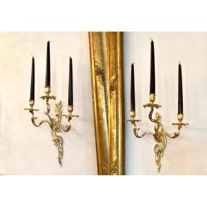 Pair Of 3 Branches Wall Lights In Gilt Bronze Louis XV Style 19th