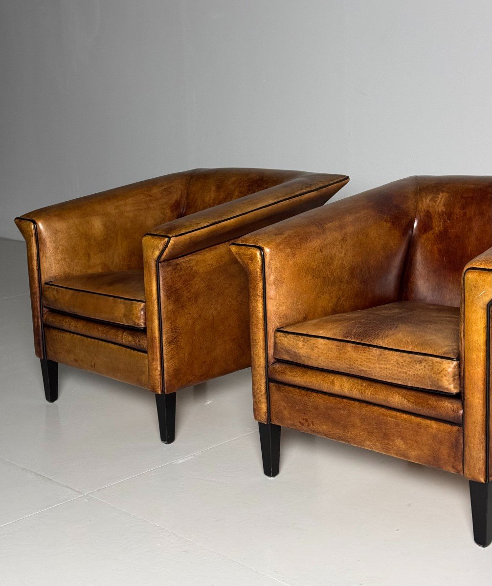 2 Fauteuils Club Art Deco En Cuir De Mouton-photo-2