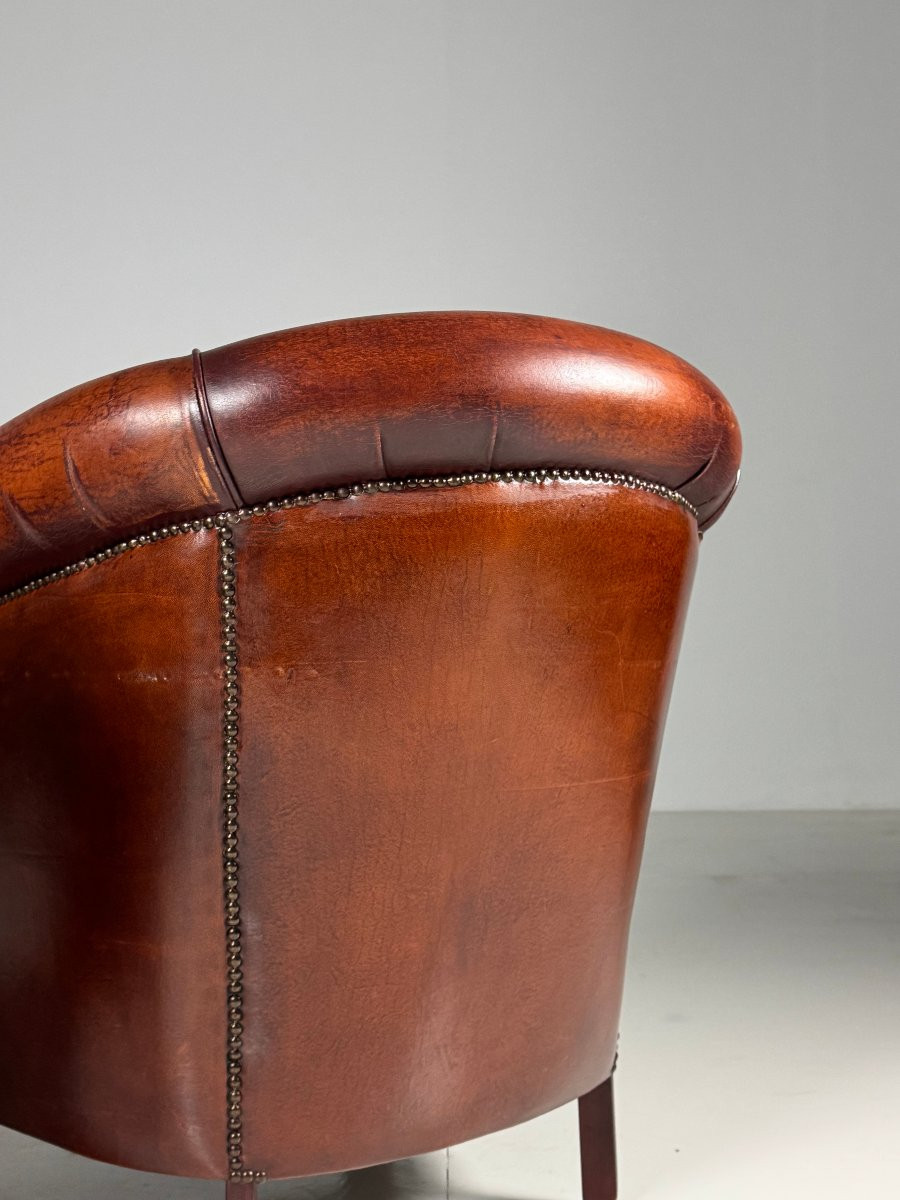 Ensemble De 2 Fauteuils Club En Cuir De Mouton Rouge Brun-photo-7
