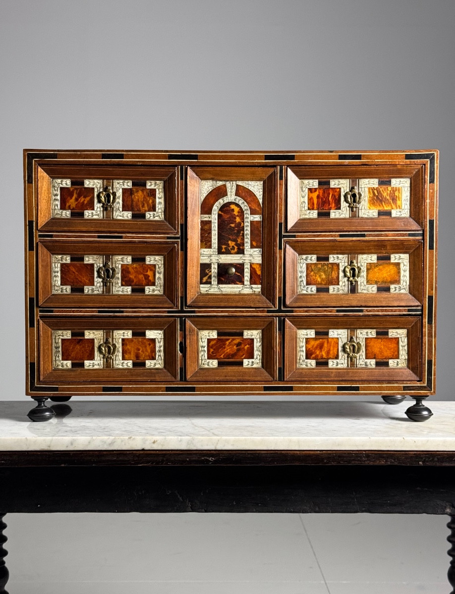 19th Century Art Cabinet In Wood With Ebony, Turtle And Bone Inlay