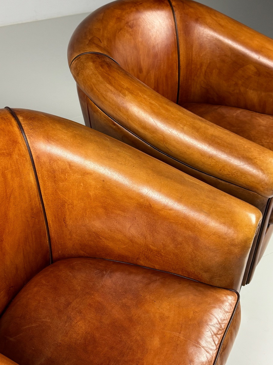 Lot de 2 fauteuils club en cuir de mouton -photo-4