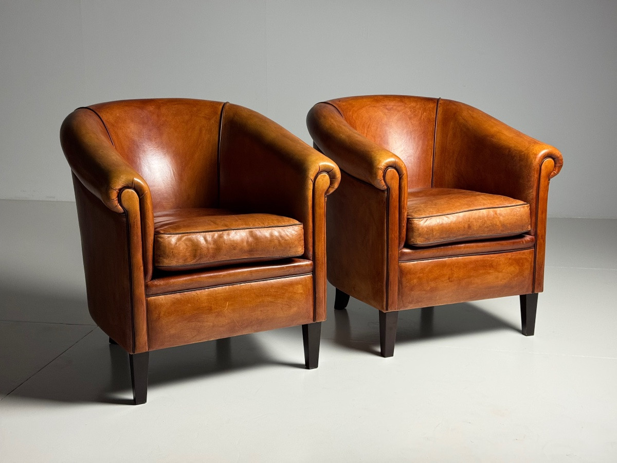 Lot de 2 fauteuils club en cuir de mouton -photo-5