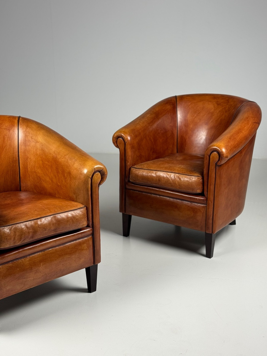 Lot de 2 fauteuils club en cuir de mouton -photo-7