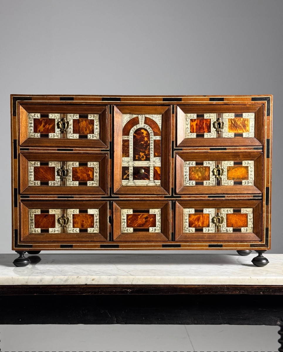 19th Century Art Cabinet In Wood With Ebony, Turtle And Bone Inlay