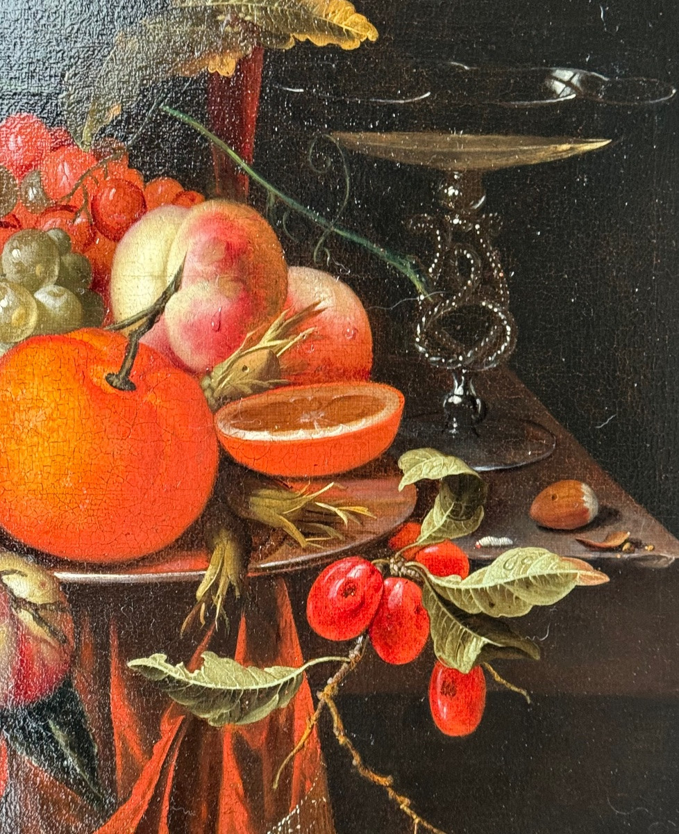 “Jan Mortel (attr.) Nature morte hollandaise avec fruits, vin et verre vénitien".-photo-2