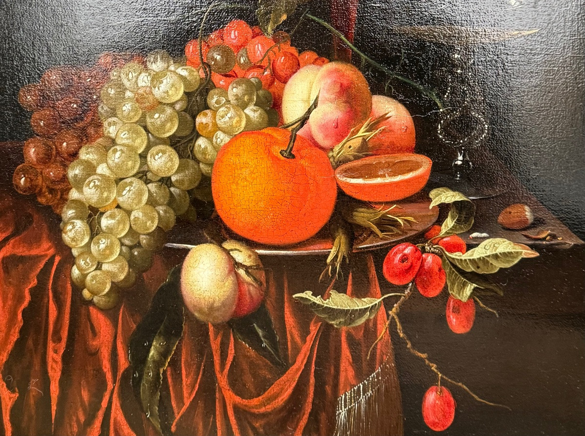 “Jan Mortel (attr.) Nature morte hollandaise avec fruits, vin et verre vénitien".-photo-3