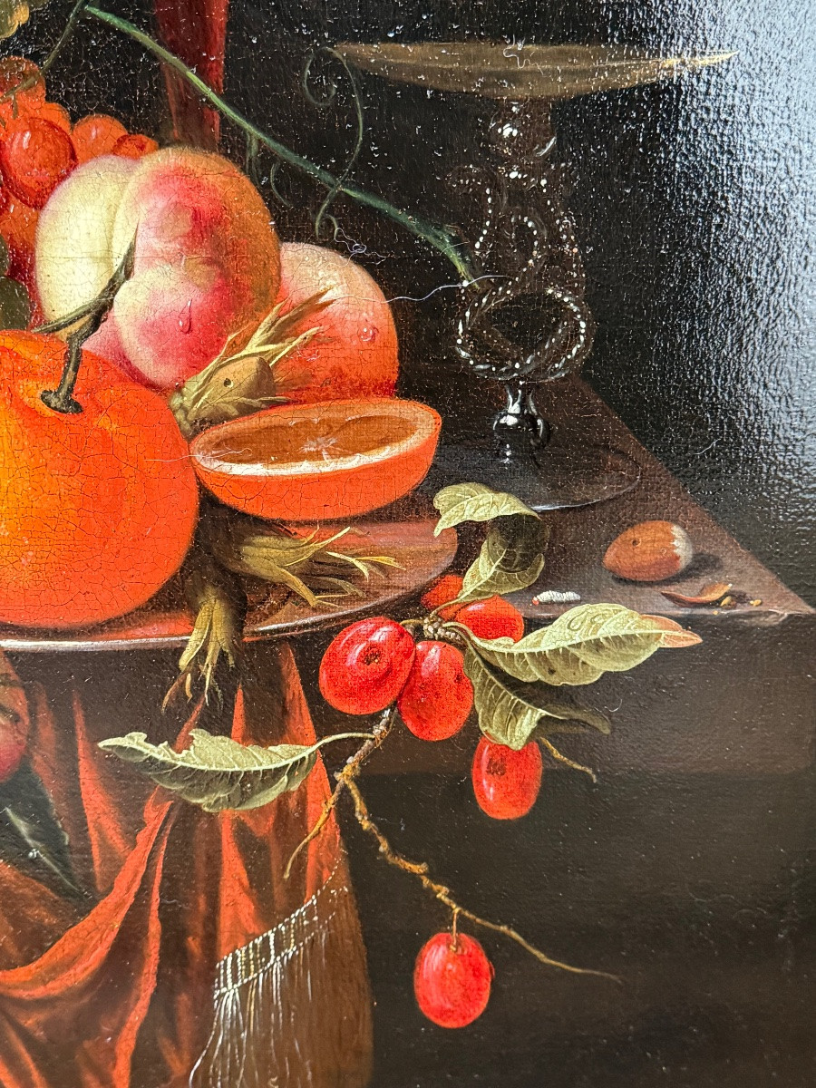 “Jan Mortel (attr.) Nature morte hollandaise avec fruits, vin et verre vénitien".-photo-4