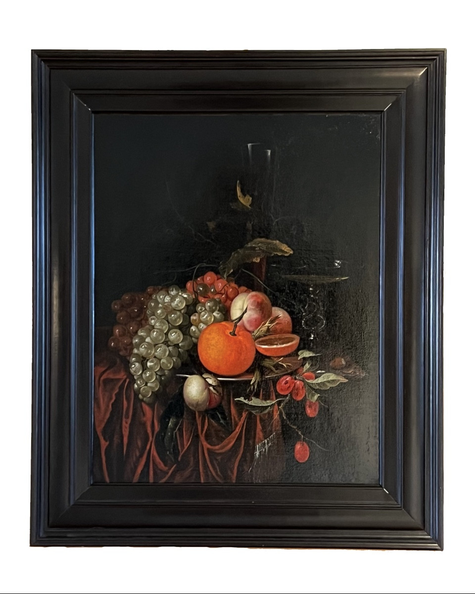 “Jan Mortel (attr.) Nature morte hollandaise avec fruits, vin et verre vénitien".