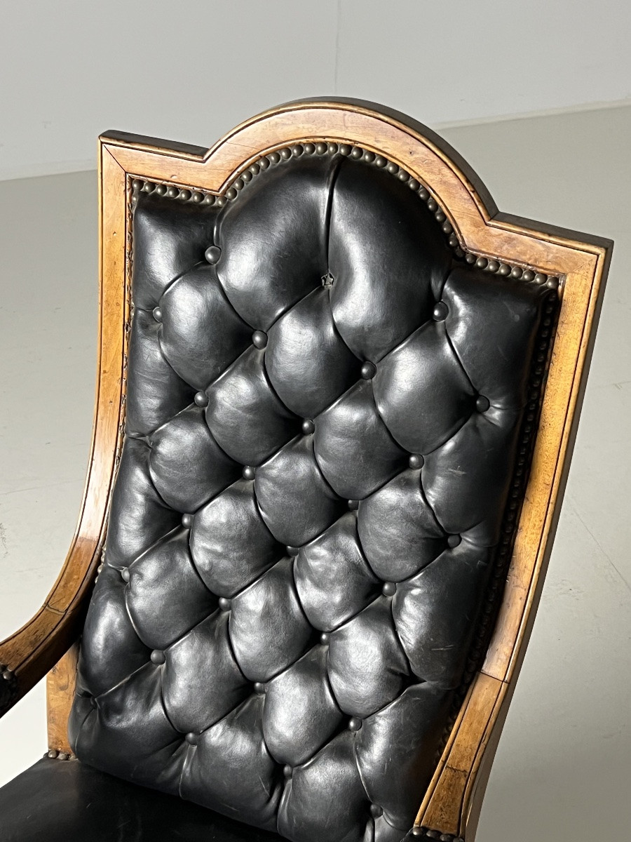 Chaise De Bibliothèque Française En Cuir Noir-photo-2