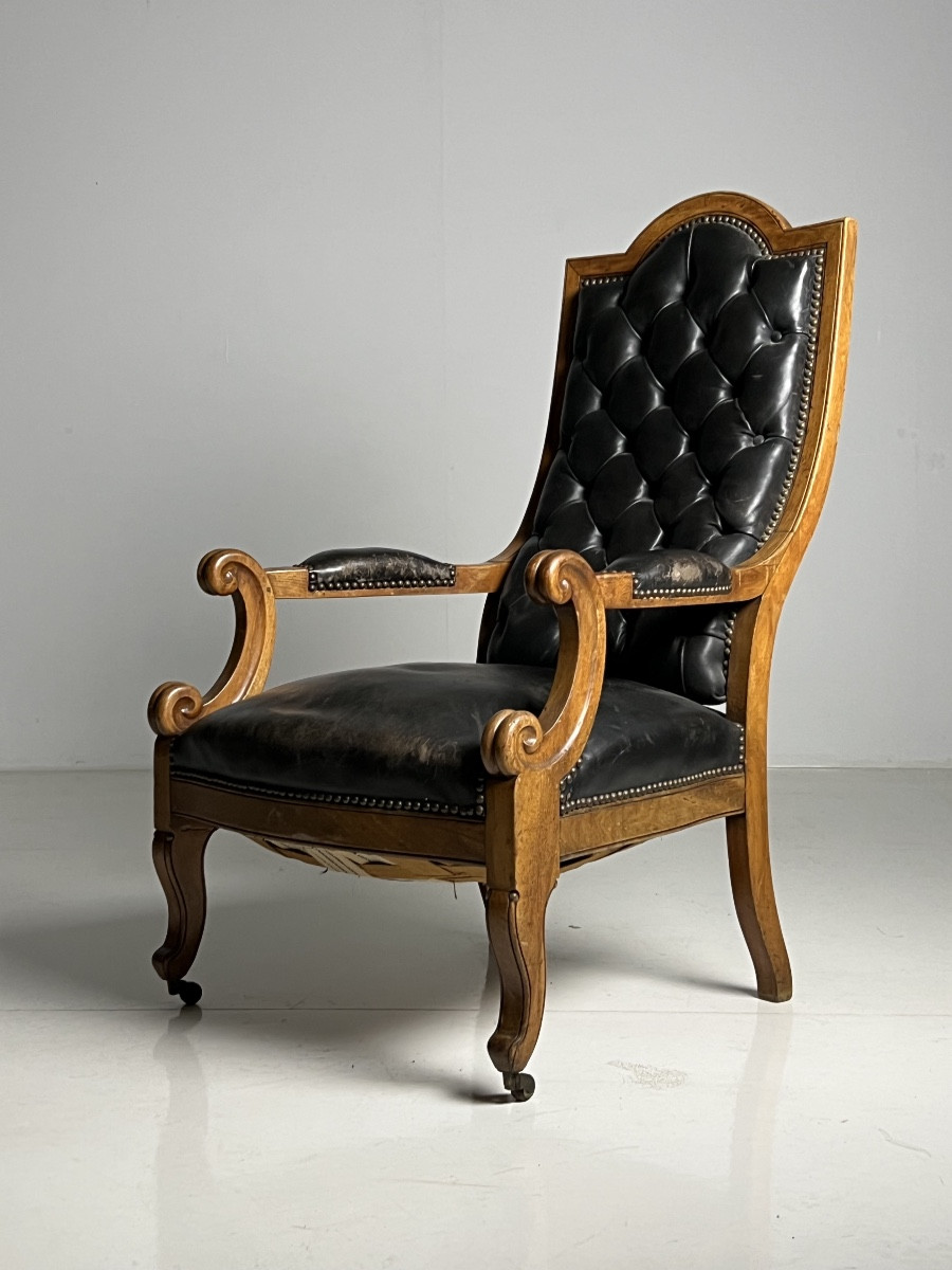 Chaise De Bibliothèque Française En Cuir Noir