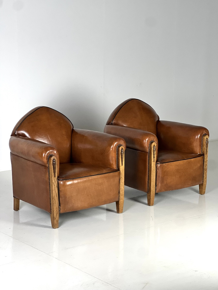 1920 Fauteuils club en cuir de mouton Art Déco-photo-1