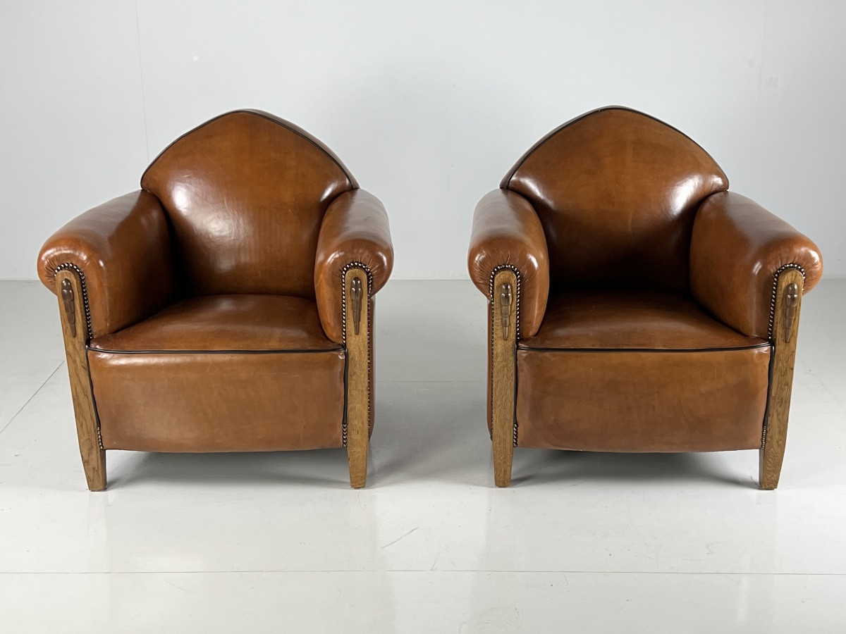 1920 Fauteuils club en cuir de mouton Art Déco-photo-8