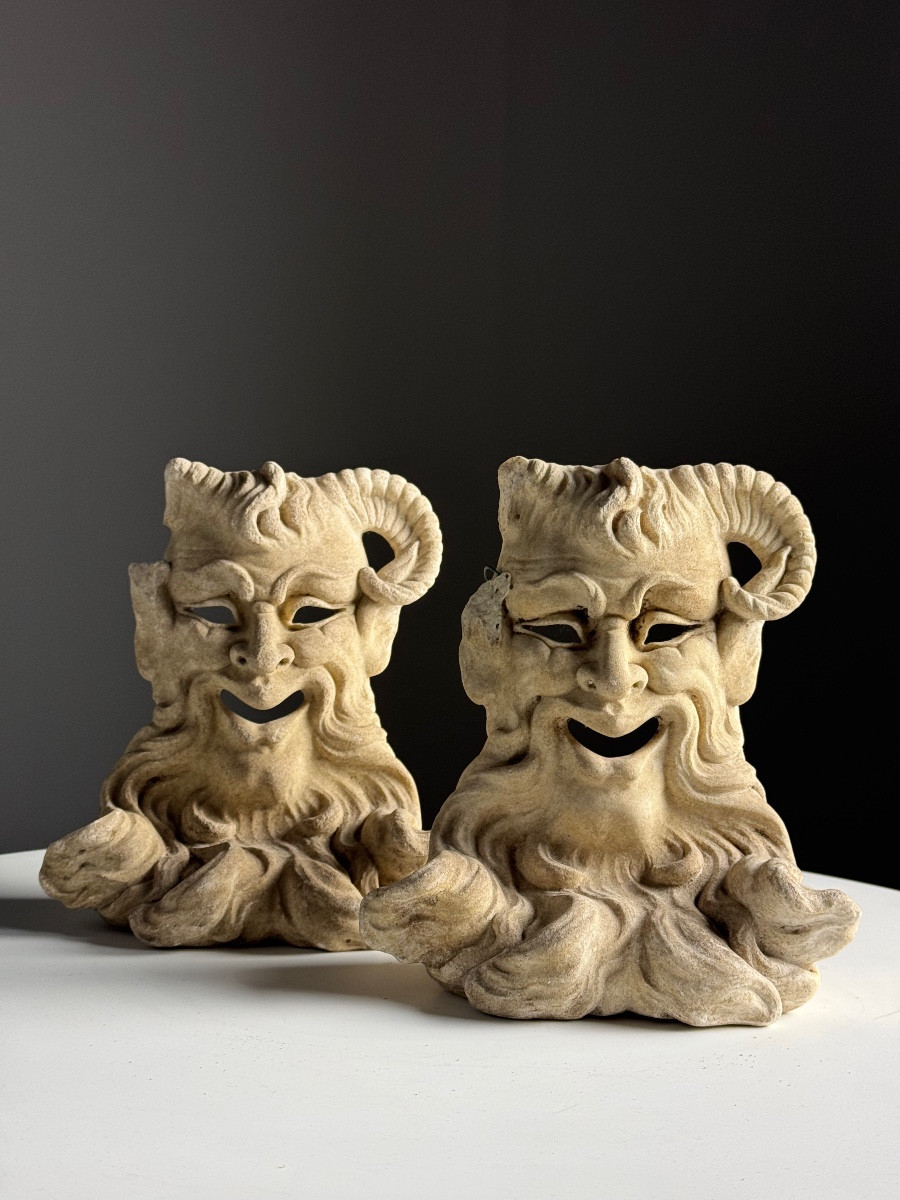 Italian Hand Carved Marble Masks By Satyr