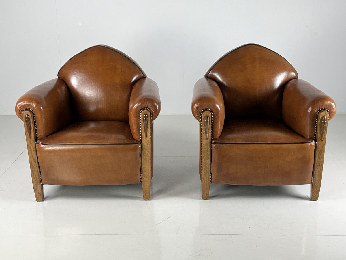 2x Art Deco Amsterdam School Sheepskin Club Chairs-photo-3