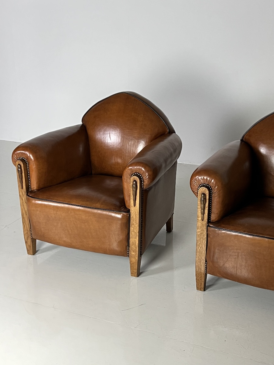 2x Art Deco Amsterdam School Sheepskin Club Chairs-photo-6