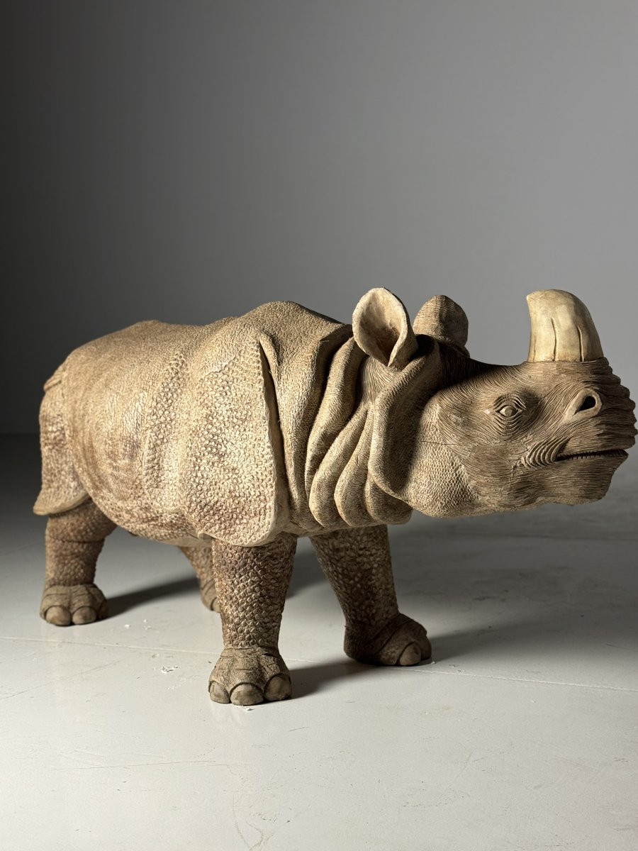 Statues de rhinocéros sculptées à la main dans les années 1960 (134 cm)  Un chef-d'œuvre ! Il n-photo-1
